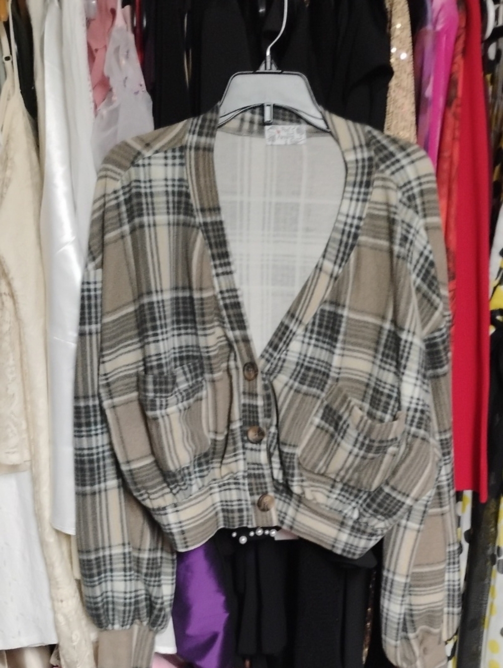 Poof! Beige and Black Plaid Trim Sweater Top